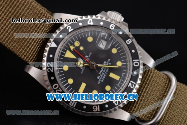 Rolex GMT-Master Asia 2813 Automatic Steel Case with Black Dial Dot Markers and Army Green Nylon Strap - Click Image to Close